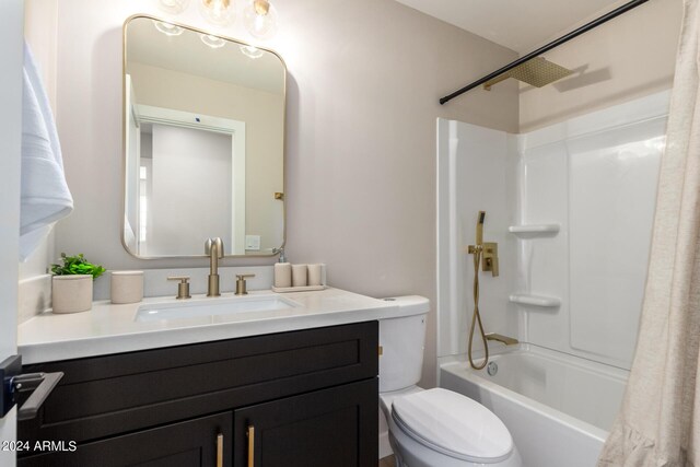 7508 E Beatrice St, Scottsdale, AZ 85257 - bathroom featuring shower / bath combination with curtain, toilet, and vanity