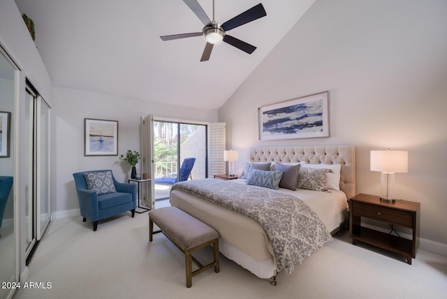 carpeted bedroom featuring high vaulted ceiling, ceiling fan, access to outside, and a closet