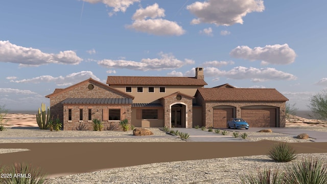 mediterranean / spanish-style home featuring a garage, stone siding, a tile roof, a chimney, and concrete driveway