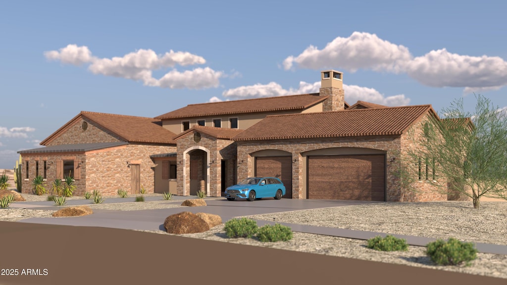 mediterranean / spanish house with a chimney, driveway, a garage, and stone siding
