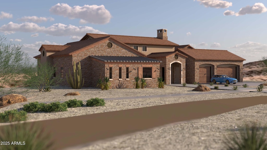 mediterranean / spanish house with stone siding, a garage, driveway, and a chimney