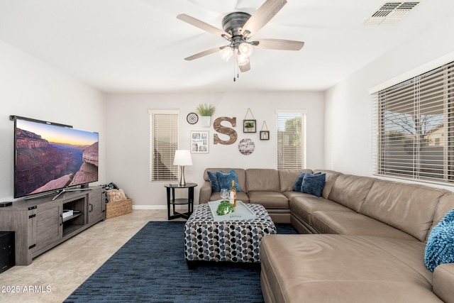 living room featuring ceiling fan