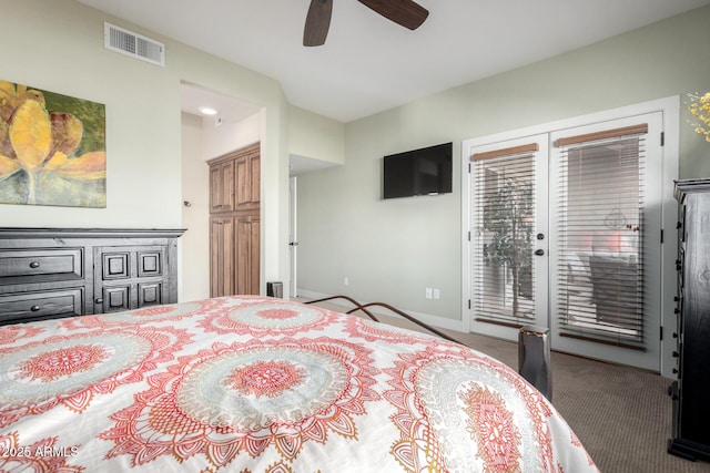 bedroom with ceiling fan, carpet flooring, visible vents, baseboards, and access to outside