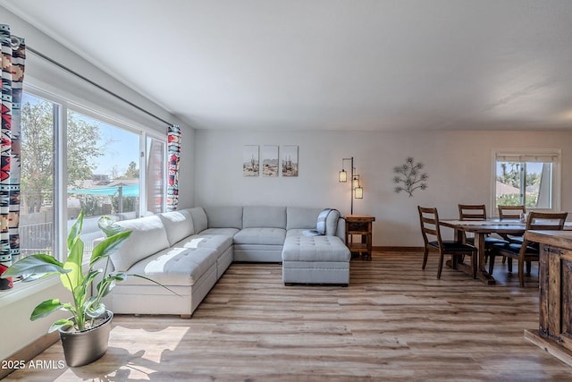 living room with light wood-type flooring and baseboards
