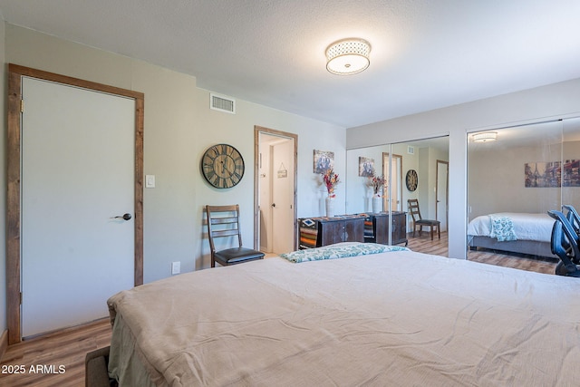 bedroom with wood finished floors and two closets
