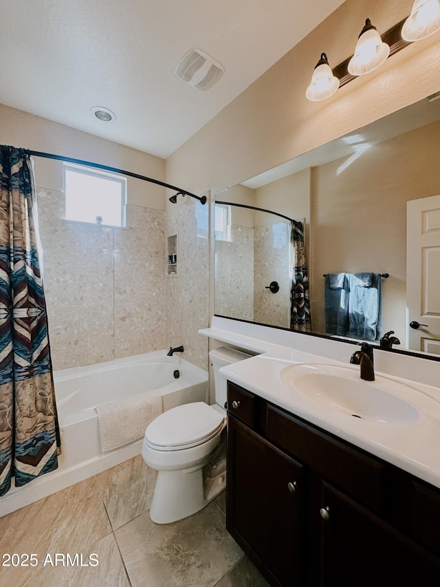 full bathroom featuring shower / bathtub combination with curtain, vanity, and toilet