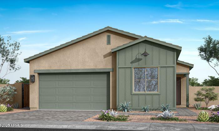 ranch-style house featuring stucco siding, decorative driveway, fence, board and batten siding, and an attached garage