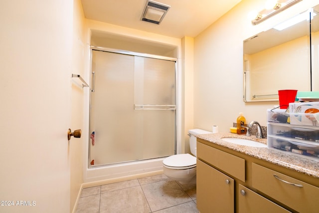 bathroom featuring visible vents, toilet, a stall shower, vanity, and tile patterned flooring