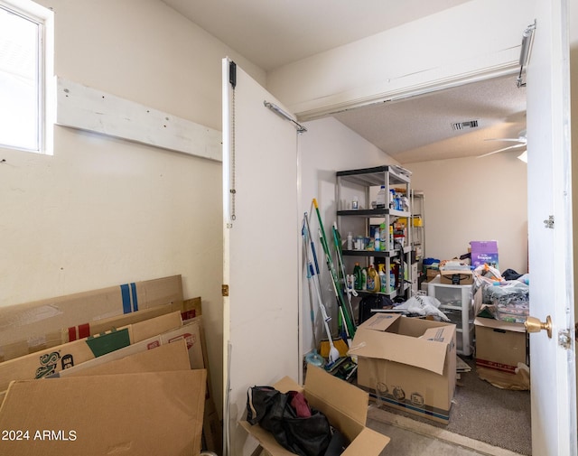 storage with visible vents and ceiling fan