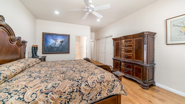 bedroom with baseboards, recessed lighting, light wood-style floors, a closet, and ceiling fan