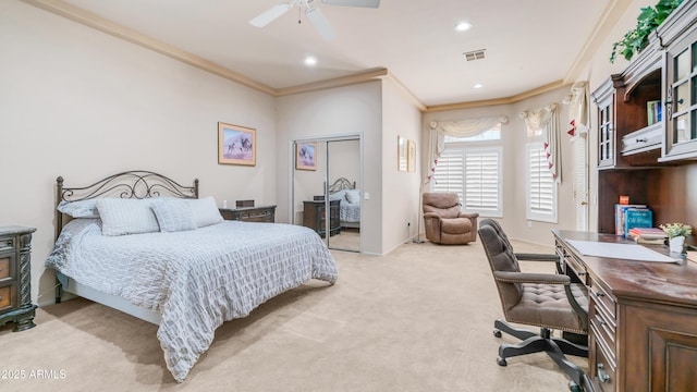 bedroom with light carpet, crown molding, visible vents, and recessed lighting