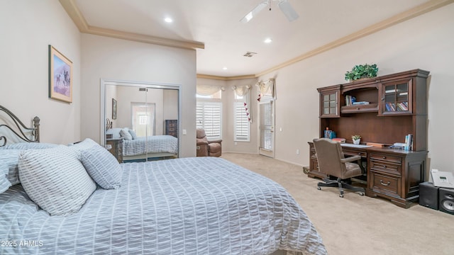 bedroom featuring recessed lighting, visible vents, a ceiling fan, ornamental molding, and light colored carpet