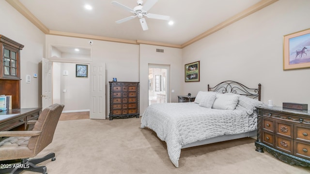 bedroom with visible vents, recessed lighting, light colored carpet, connected bathroom, and ornamental molding
