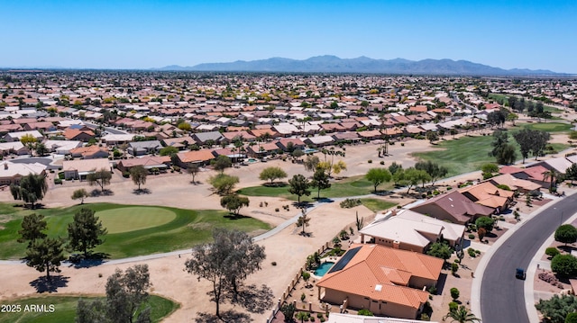 bird's eye view featuring a residential view, golf course view, and a mountain view