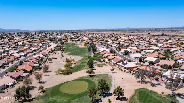 birds eye view of property featuring a mountain view, golf course view, and a residential view