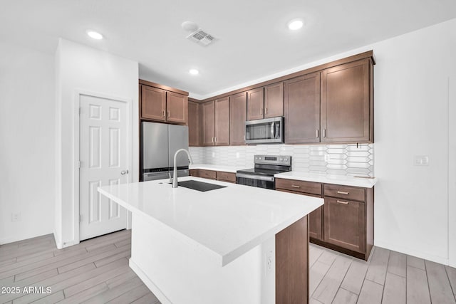 kitchen with visible vents, tasteful backsplash, a sink, light wood-style flooring, and stainless steel appliances