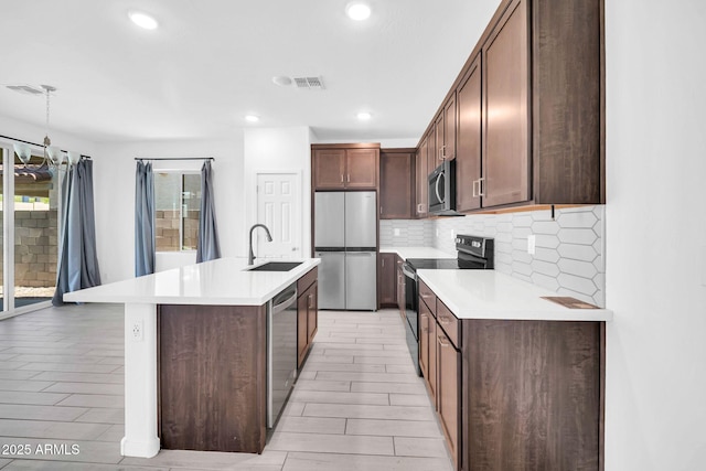 kitchen with visible vents, decorative backsplash, light countertops, a sink, and appliances with stainless steel finishes