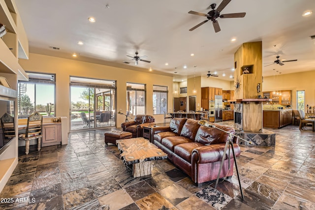 living room with ceiling fan