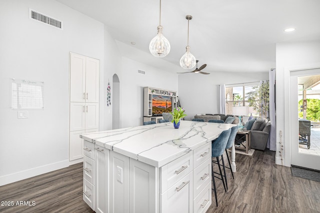 kitchen featuring open floor plan, dark wood-style flooring, a center island, a breakfast bar, and light stone countertops