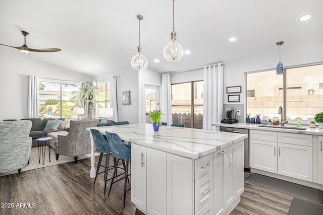 kitchen with a sink, dark wood finished floors, open floor plan, vaulted ceiling, and a ceiling fan