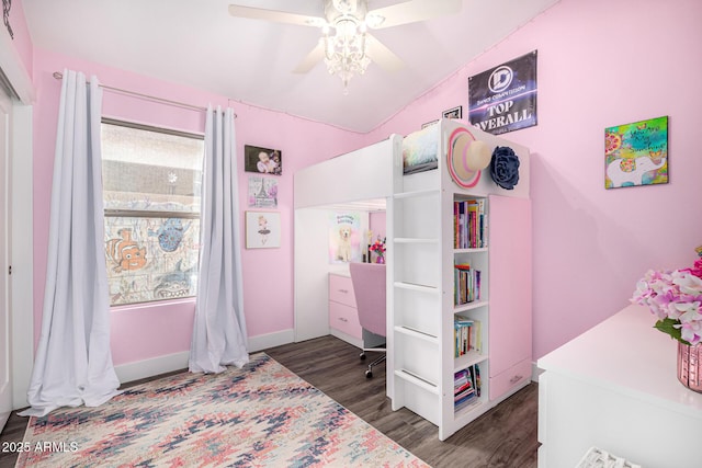 bedroom featuring dark wood-style flooring, ceiling fan, vaulted ceiling, and baseboards