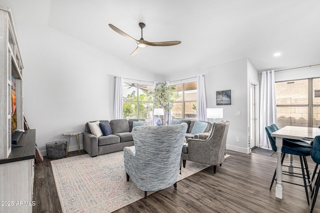 living room with ceiling fan, dark wood finished floors, lofted ceiling, recessed lighting, and baseboards