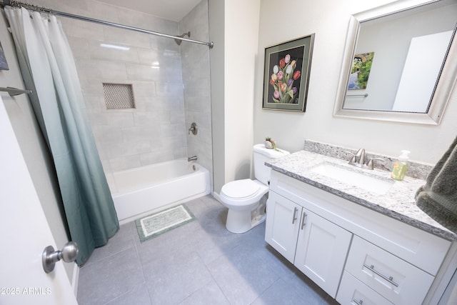 full bathroom featuring vanity, tile patterned floors, toilet, and shower / bath combo with shower curtain