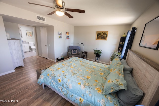 bedroom featuring hardwood / wood-style floors and ceiling fan
