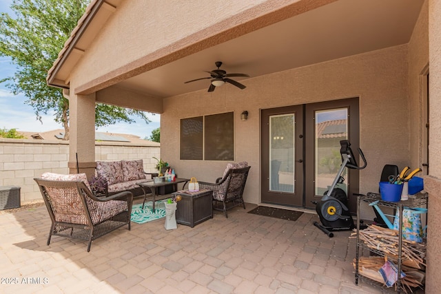 1410 W Popcorn Tree Ave, Queen Creek, AZ 85140 - view of patio / terrace featuring an outdoor living space, a ceiling fan, and french doors