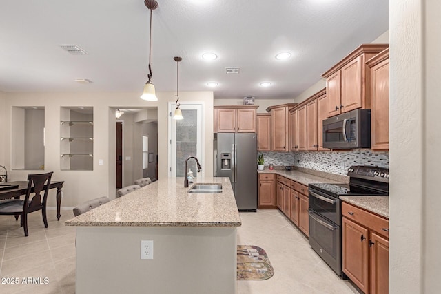 1410 W Popcorn Tree Ave, Queen Creek, AZ 85140 - kitchen featuring range with two ovens, a sink, stainless steel fridge, and light tile patterned floors