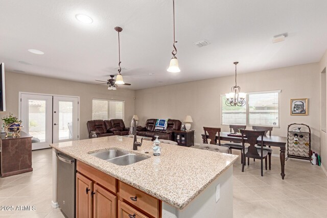 1410 W Popcorn Tree Ave, Queen Creek, AZ 85140 - kitchen with a sink, stainless steel dishwasher, light tile patterned floors, a ceiling fan, and recessed lighting
