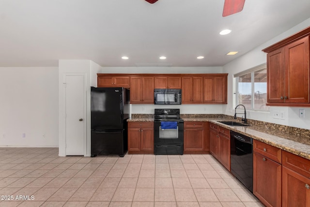2906 W Irma Ln, Phoenix, AZ 85027 - kitchen with black appliances, a sink, brown cabinets, recessed lighting, and a ceiling fan
