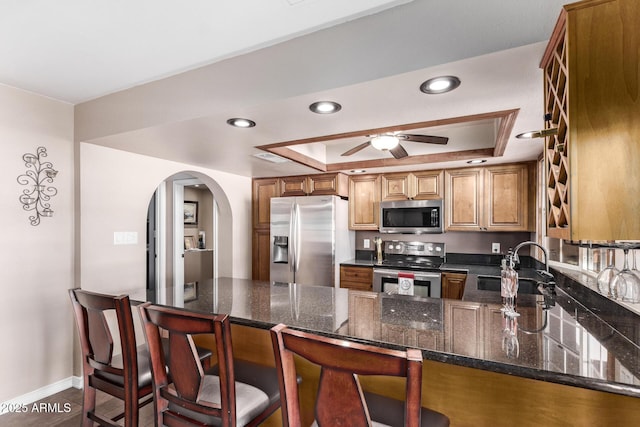 kitchen featuring a tray ceiling, dark stone countertops, sink, and stainless steel appliances