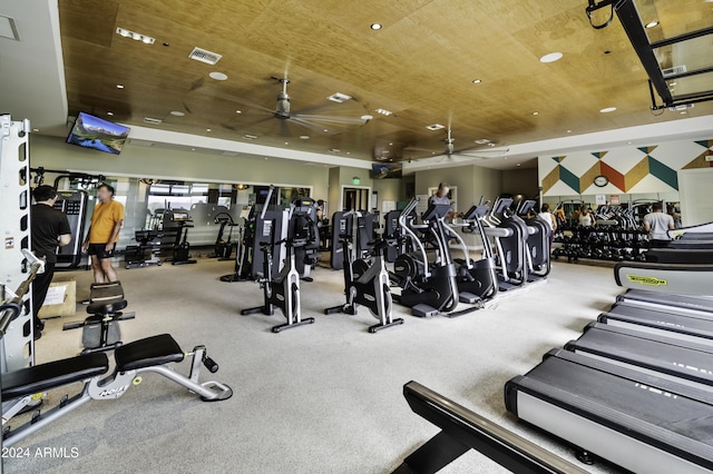 exercise room with ceiling fan and wood ceiling