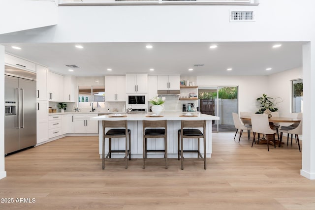 7223 N 14th St, Phoenix, AZ 85020 - kitchen featuring built in appliances, light countertops, a breakfast bar, open shelves, and white cabinetry