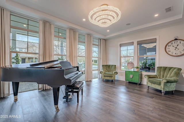 sitting room featuring a raised ceiling and hardwood / wood-style floors