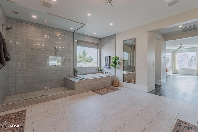 bathroom featuring ceiling fan, tile patterned floors, and shower with separate bathtub