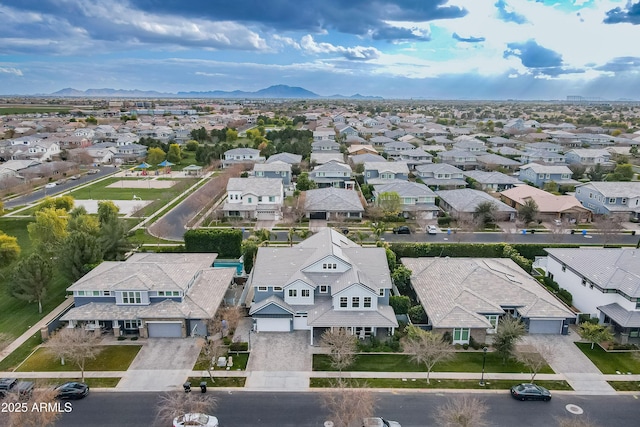 drone / aerial view featuring a mountain view