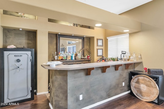 bar with dark hardwood / wood-style floors