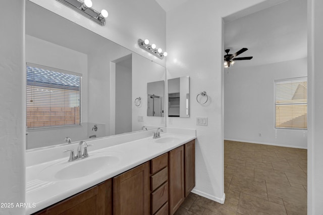 bathroom with vanity and ceiling fan