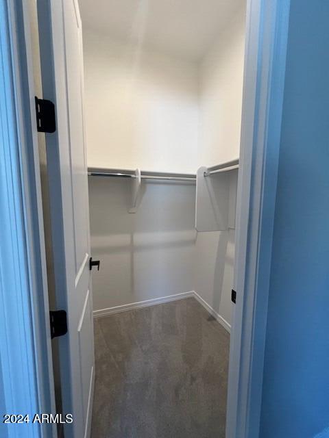 walk in closet with dark carpet