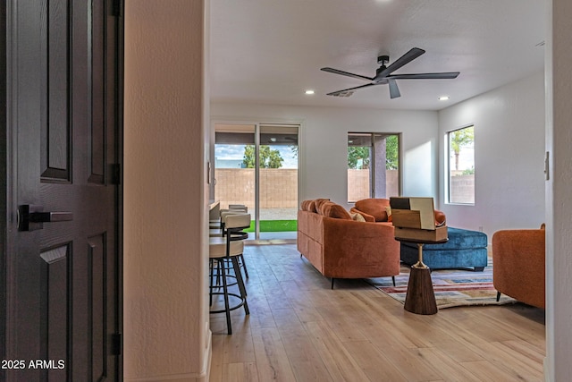 living room with ceiling fan and light wood-type flooring