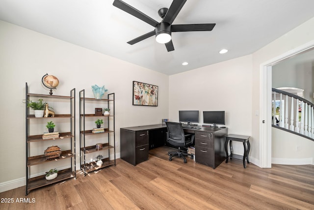3665 S Jojoba Way, Chandler, AZ 85248 - home office featuring light wood-style flooring, ceiling fan, baseboards, and recessed lighting