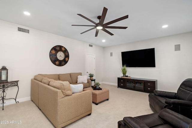 3665 S Jojoba Way, Chandler, AZ 85248 - living room with ceiling fan, light carpet, recessed lighting, and baseboards