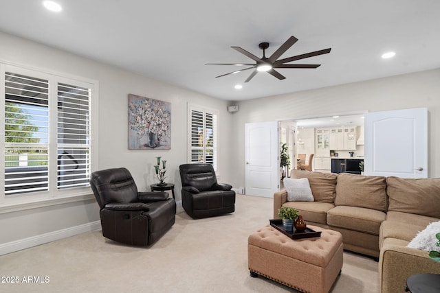 3665 S Jojoba Way, Chandler, AZ 85248 - living room with a ceiling fan, recessed lighting, baseboards, and carpet floors