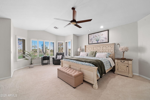 3665 S Jojoba Way, Chandler, AZ 85248 - carpeted bedroom featuring baseboards, vaulted ceiling, ceiling fan, and recessed lighting