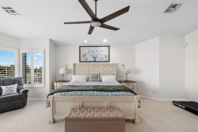 3665 S Jojoba Way, Chandler, AZ 85248 - bedroom with light colored carpet, baseboards, recessed lighting, and ceiling fan