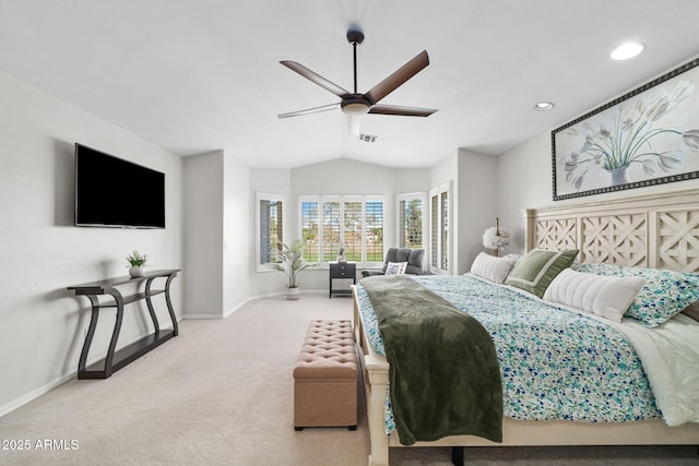 3665 S Jojoba Way, Chandler, AZ 85248 - bedroom with carpet flooring, baseboards, vaulted ceiling, recessed lighting, and ceiling fan