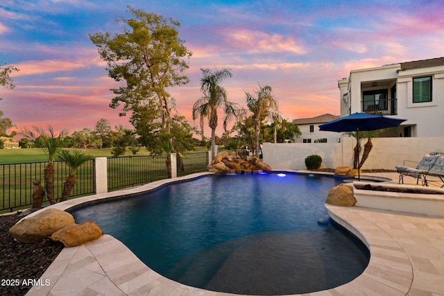 3665 S Jojoba Way, Chandler, AZ 85248 - pool at dusk featuring fence and a patio