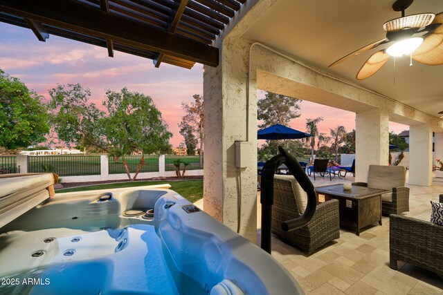 3665 S Jojoba Way, Chandler, AZ 85248 - view of patio featuring a hot tub, fence, ceiling fan, and outdoor dining area